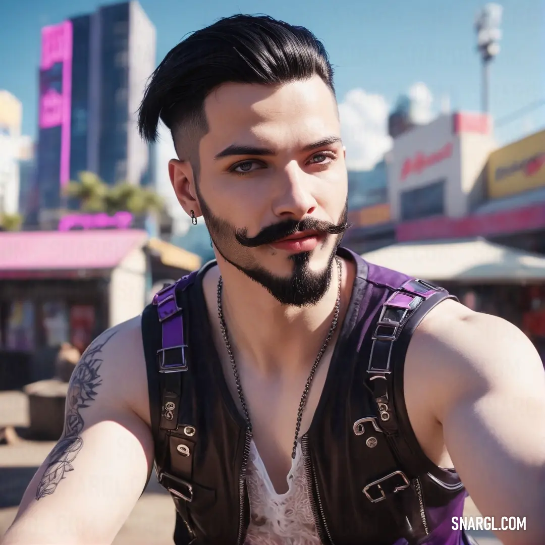 An enigmatic man flaunting a goatee and a beard, dressed in a rugged leather vest adorned with a striking necklace. He stands confidently on a bustling city street, blending strength with style amidst the urban backdrop. Color representation is RGB 223,10