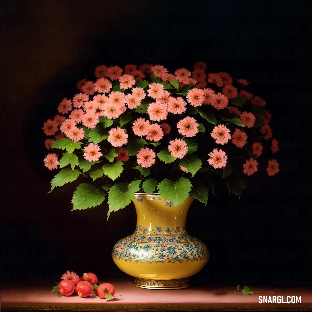 Painting of a vase with flowers in it and apples on the table next to it, on a dark background. Example of CMYK 0,68,51,0 color.