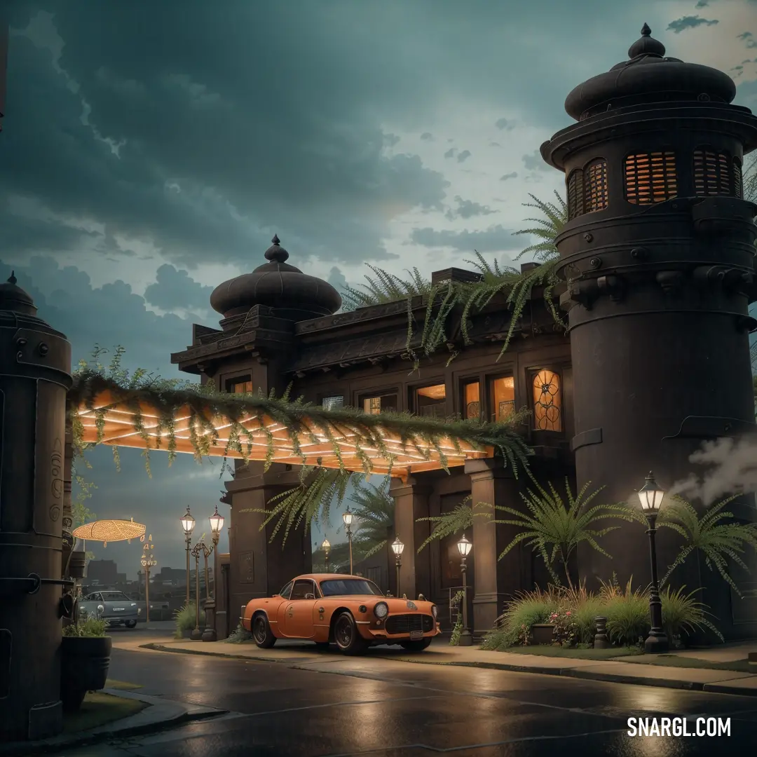 A sleek car is parked in front of a building, with a lit-up canopy and lights along its side. The lights highlight the car’s polished surface, making it shine in the night as the building’s warm glow contrasts against the cool dark surroundi