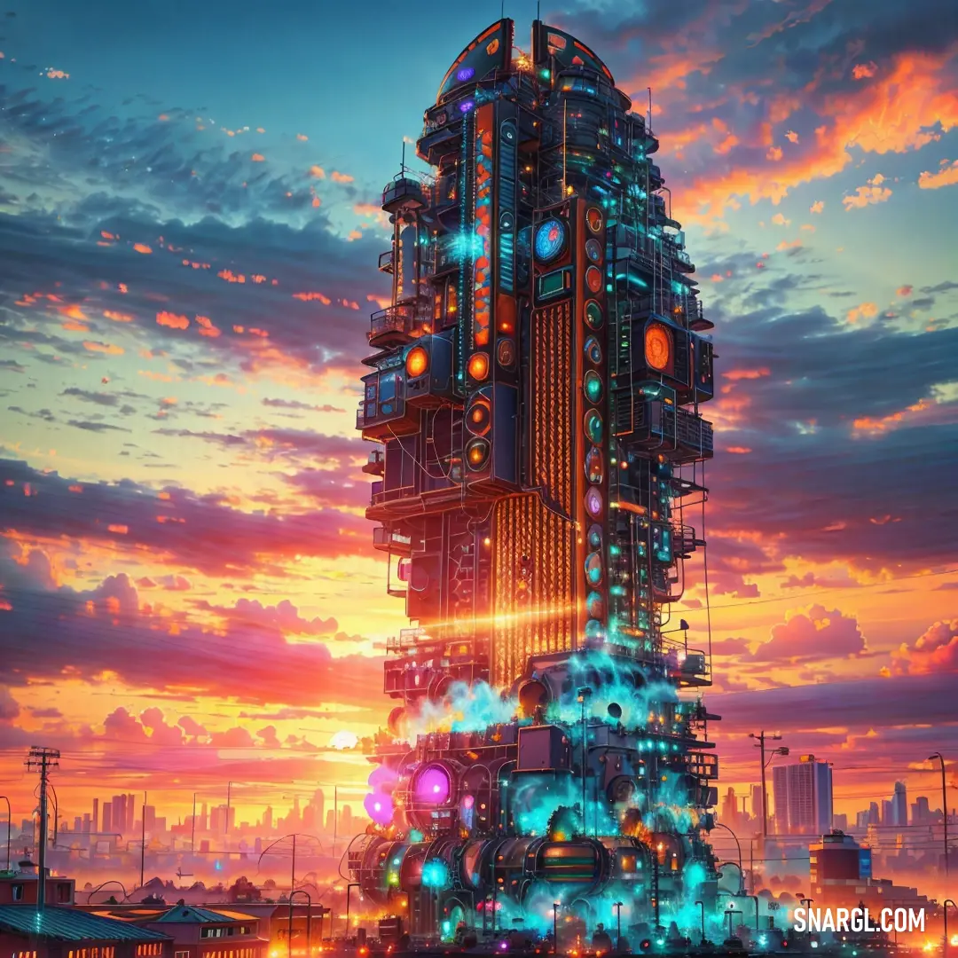 A futuristic city is bathed in the glow of a setting or rising sun, with a massive clock tower standing at its center. The sky explodes in a colorful display of reds, pinks, and oranges, creating a stunning contrast with the urban landscape.