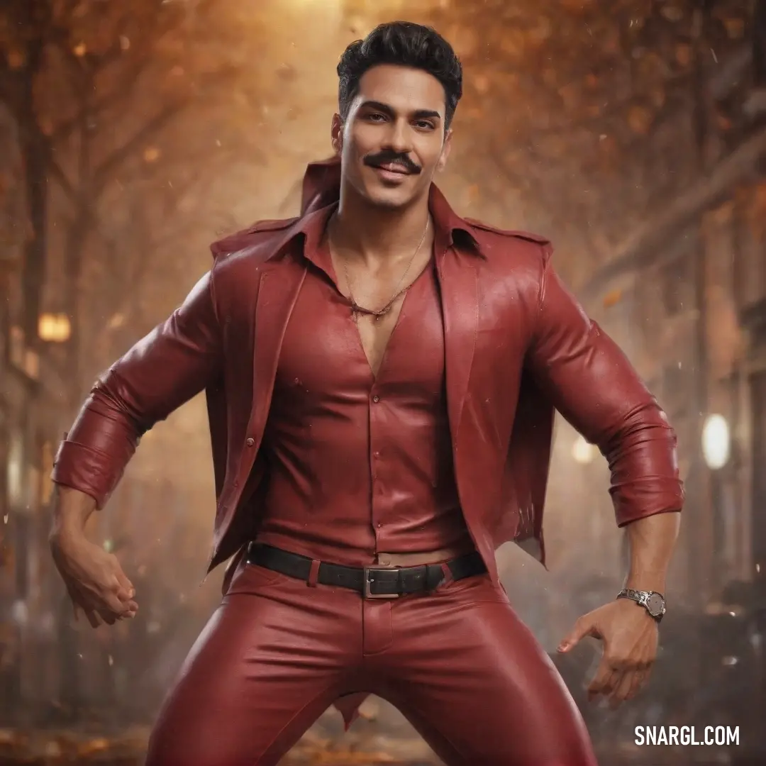 A confident man posing boldly in a striking red leather outfit against a somber backdrop of rain. His powerful stance with arms on his hips emanates a dynamic energy as he stands ready to take on the world, illuminated by the ensures the vibrant PANTONE 2