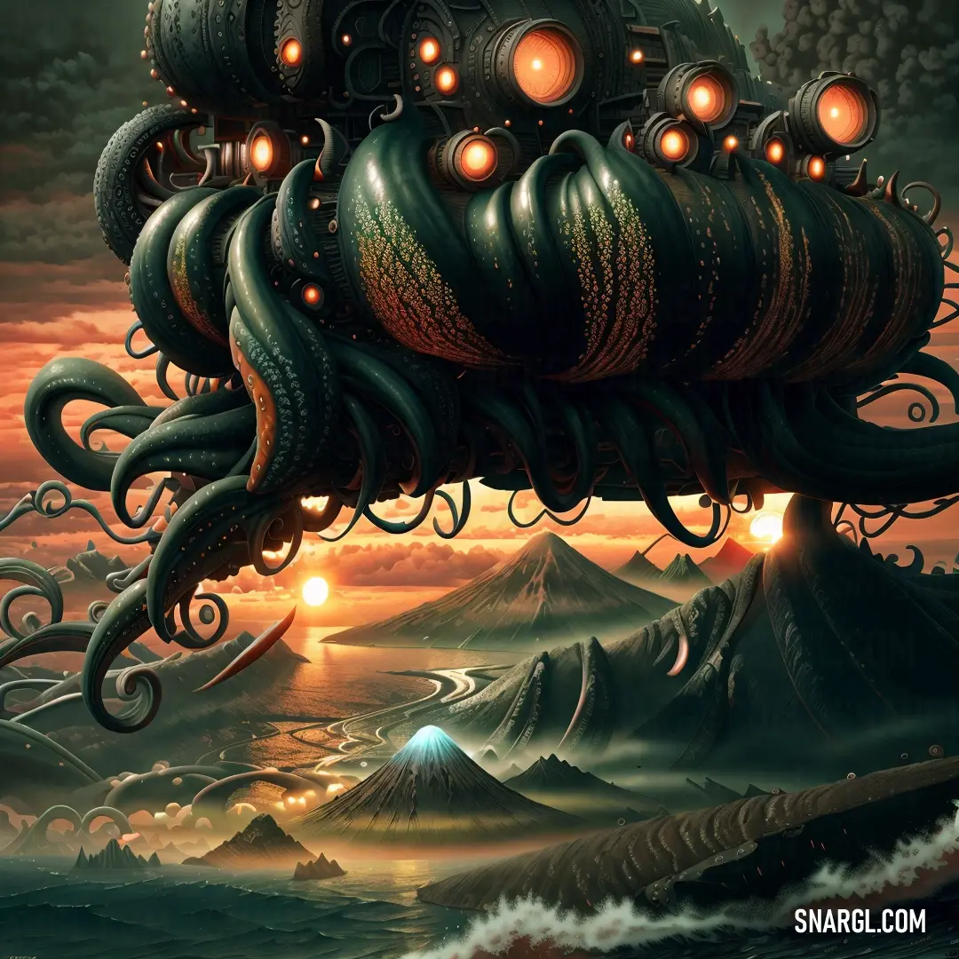 A giant octopus floats high above the city, its tentacles gracefully moving through the air. The city below, alive with light, forms a stark contrast to the surreal, almost magical creature soaring in the night sky.