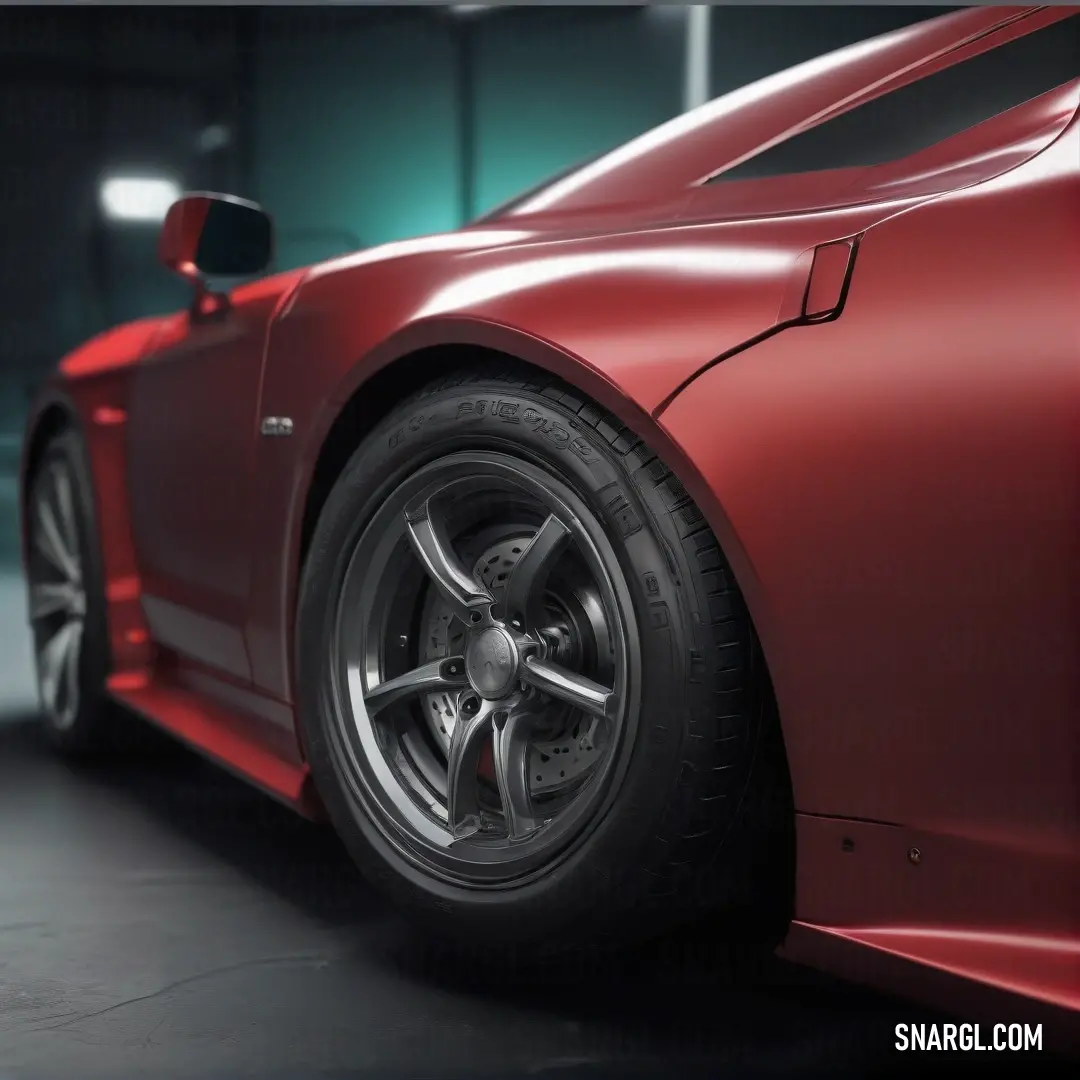 A captivating view of a red sports car parked in a chic garage, illuminated by a soft green light that casts a unique ambiance, complemented by a dark floor that enhances the luxury feel.