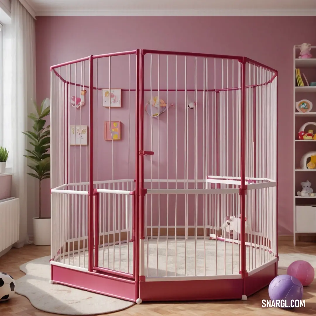 An inviting pink room showcasing a cozy pink cage in the corner, alongside a playful pink ball on a polished floor, enveloped in soft light that enhances its cheerful ambiance.