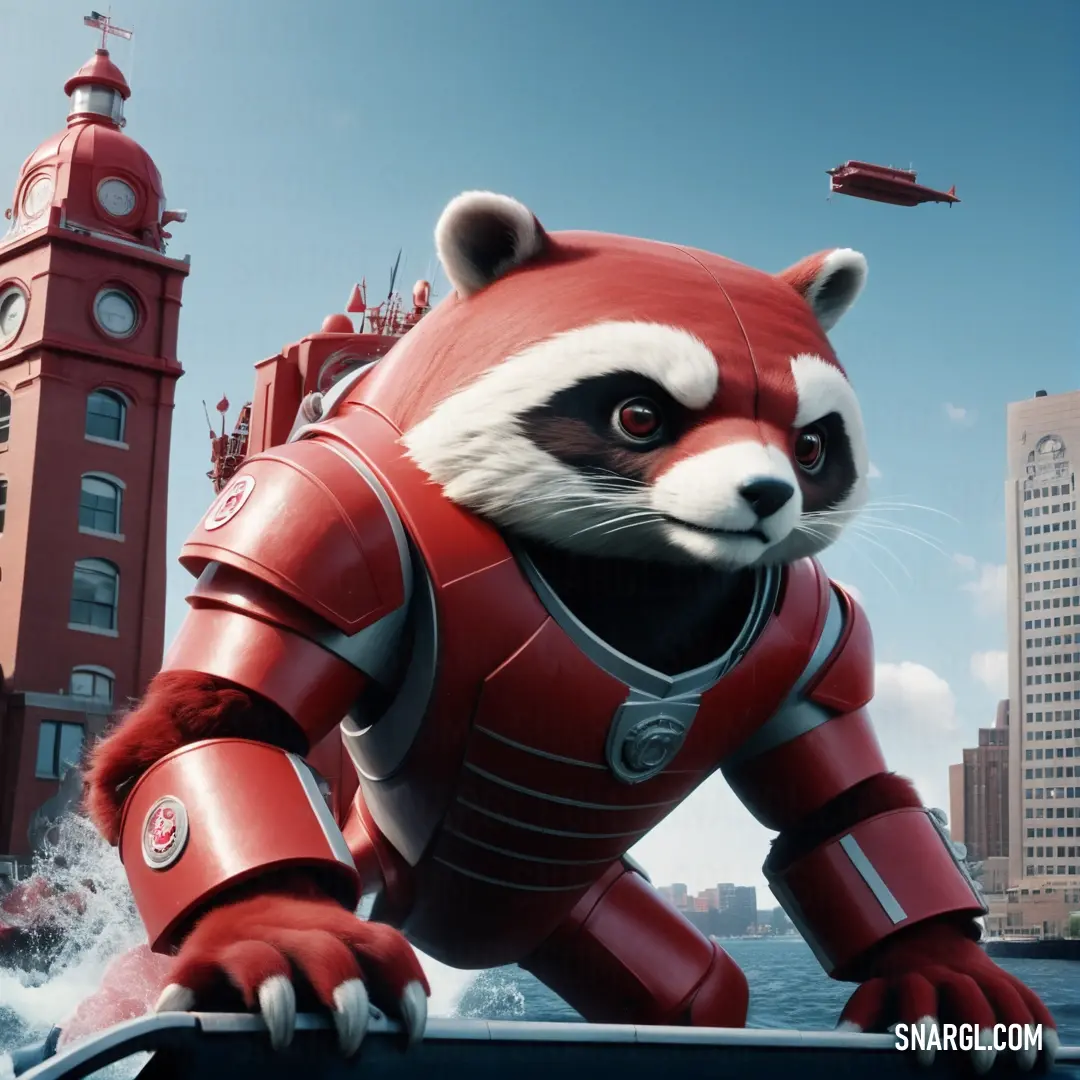 Red panda bear in a red suit on a boat in front of a city skyline with a red clock tower. Example of PANTONE 2030 color.