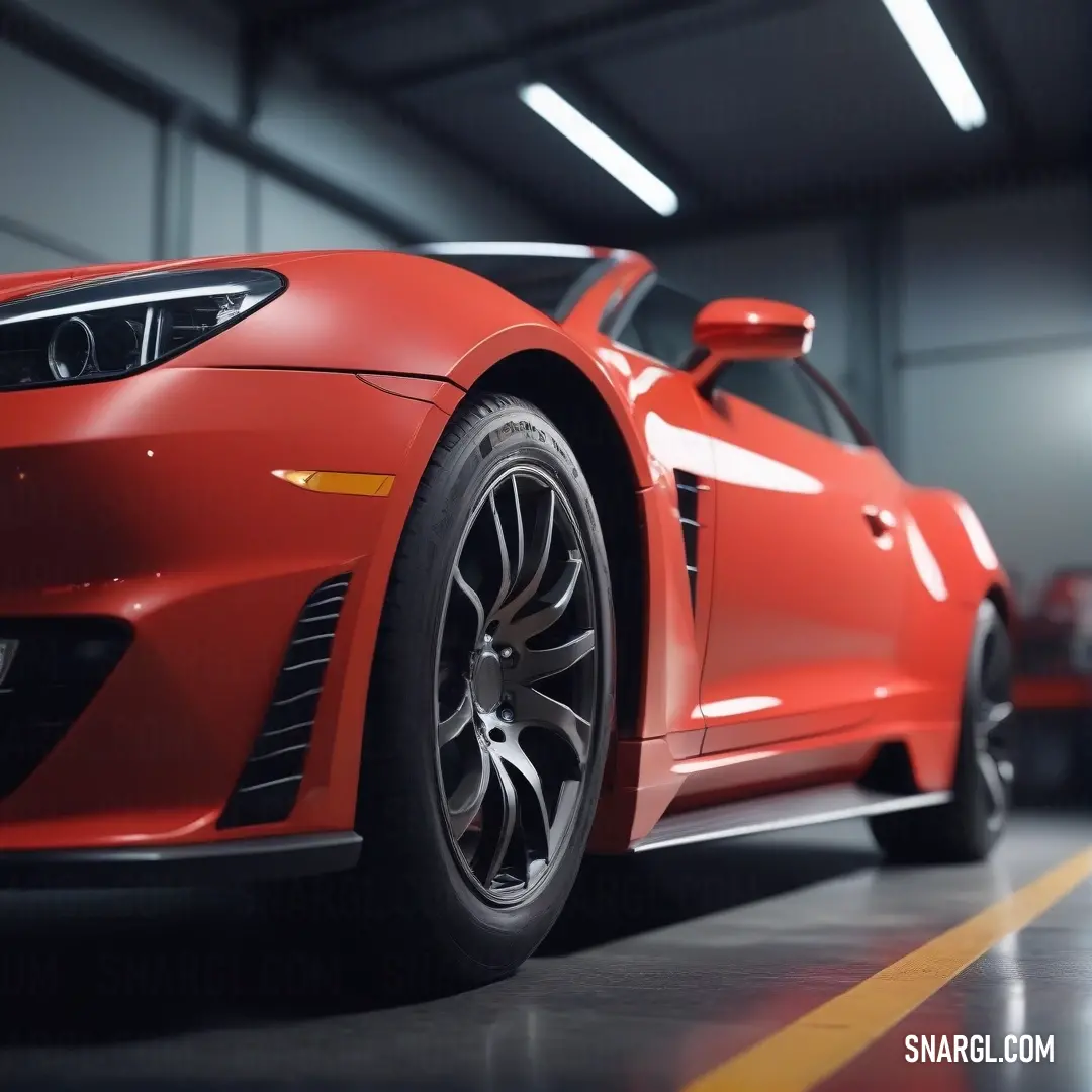 A dynamic scene of a vibrant red sports car parked in a sleek garage, contrasted by a bold yellow line on the floor and a shadowy black car behind it, creating an atmosphere of speed and elegance.