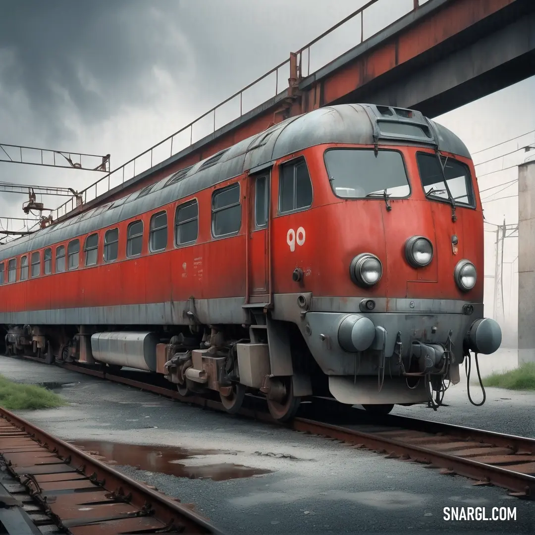 A vivid red train gliding along the tracks, gracefully passing under a bridge on a cloudy day, where dark clouds loom overhead, creating a dramatic backdrop that highlights the train's bold colors.