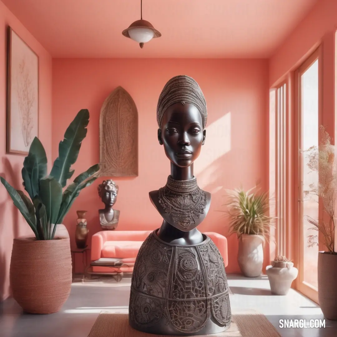 PANTONE 2030 color. Statue of a woman in a living room with pink walls and a potted plant in the corner