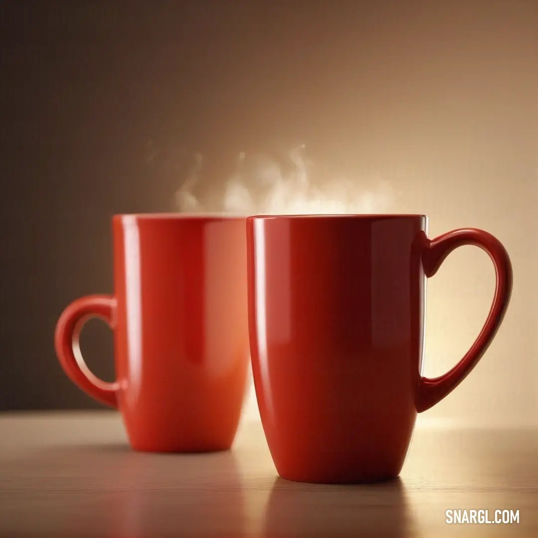 Two red coffee mugs, steam rising from their tops, sit side by side on a table. The deep red mugs stand out against a rich brown background, inviting warmth and comfort in this cozy setting.