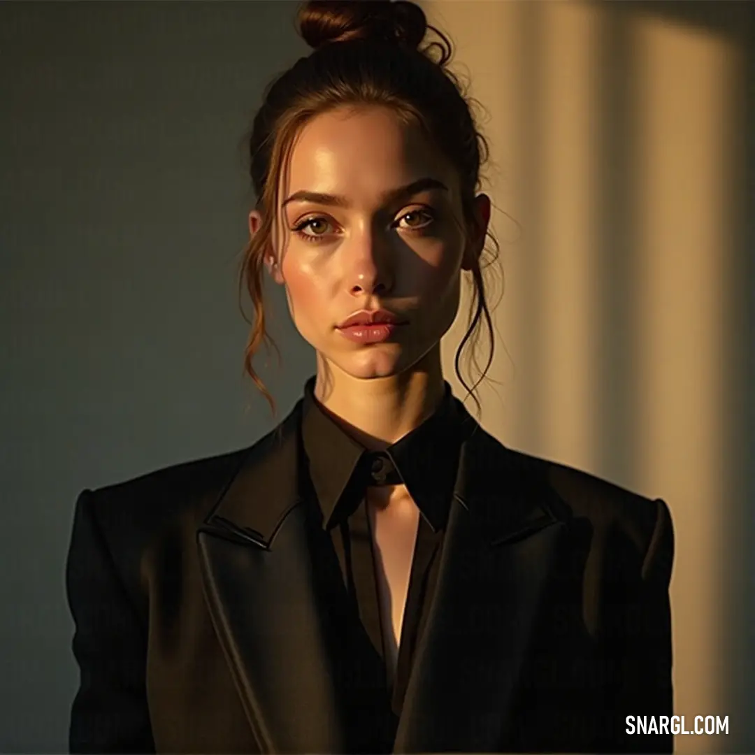 A striking image of a woman in a sophisticated black suit, confidently posing against a wall that casts her shadow, reflecting poise and elegance in a captivating display of light and form.