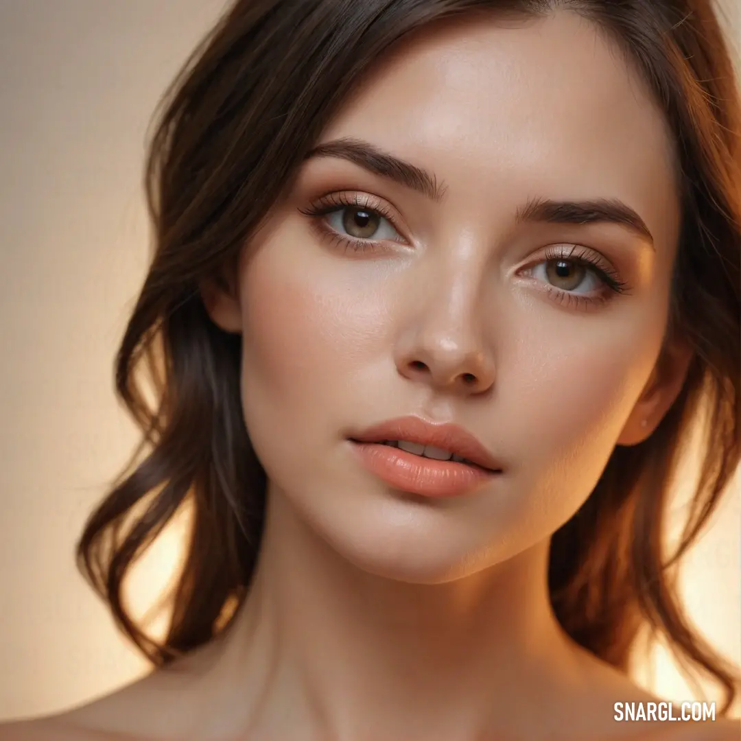 A woman with light brown hair and delicate eye makeup gazes into the camera against a neutral background, exuding confidence and grace. The soft colors and light highlight her features beautifully.