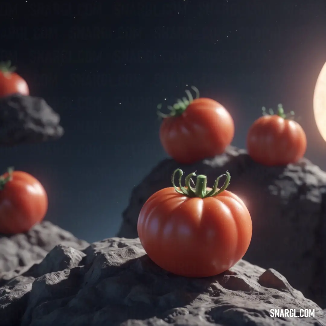 Group of tomatoes on top of a rock next to a full moon and a full moon in the sky. Color PANTONE 2031.