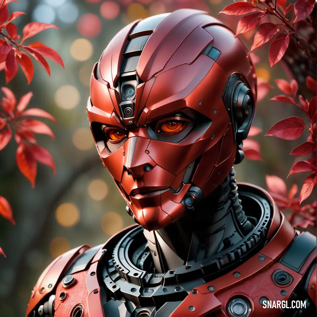 Robot with a red face and red leaves in the background. Example of PANTONE 2031 color.