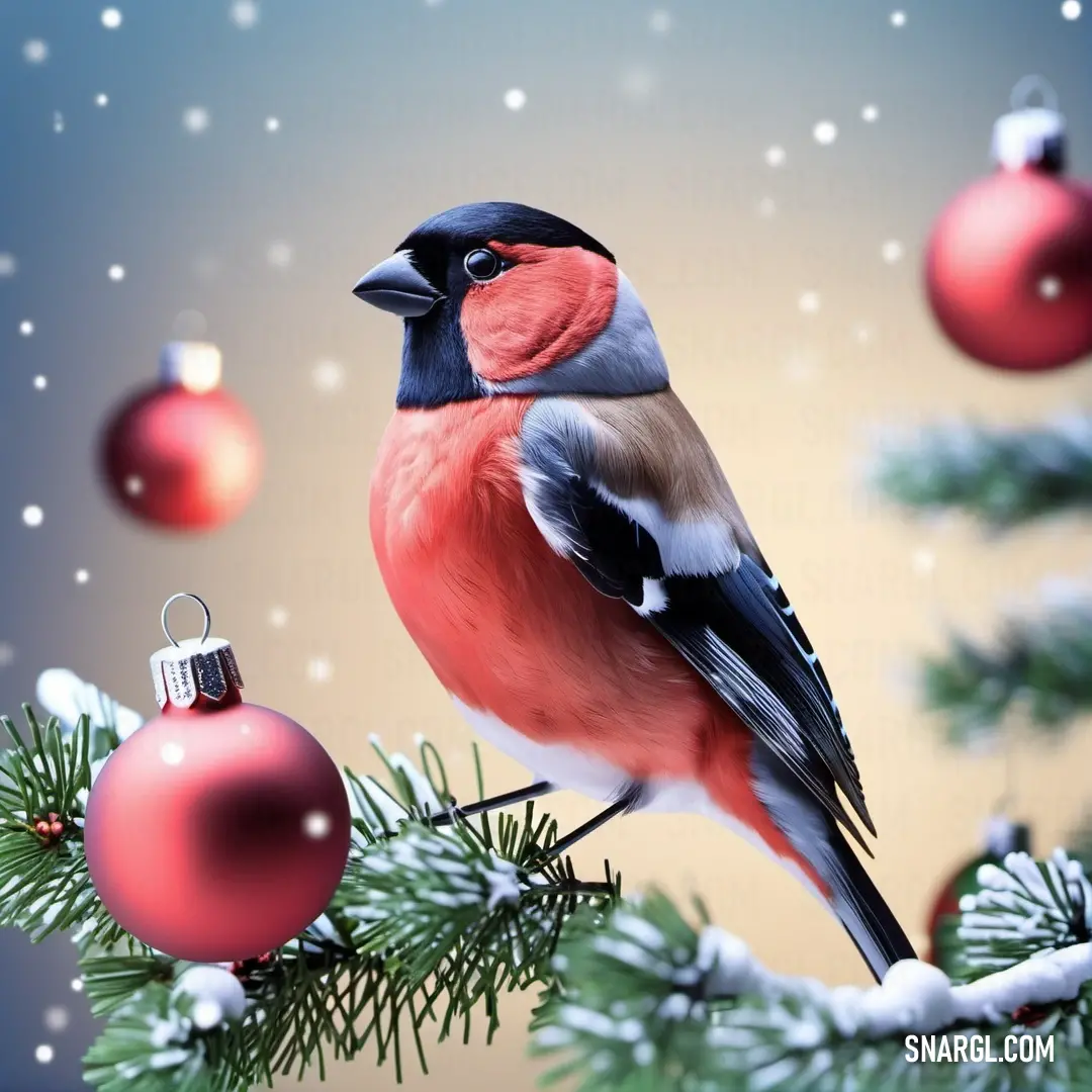 Bird on a branch with ornaments around it and snowing on the ground behind it and a blue sky. Example of CMYK 4,78,61,2 color.