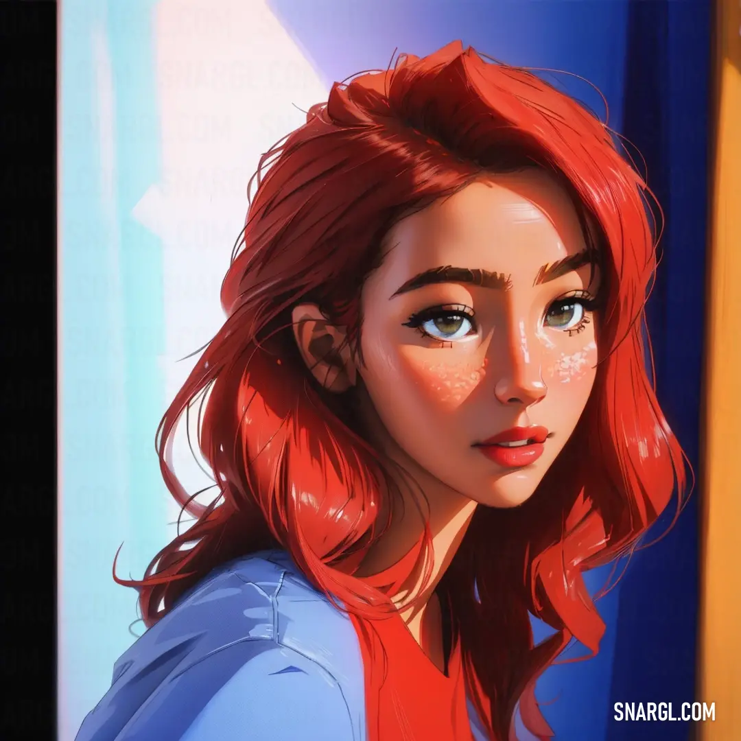 Digital painting of a woman with red hair and blue shirt looking at the camera with a serious look on her face