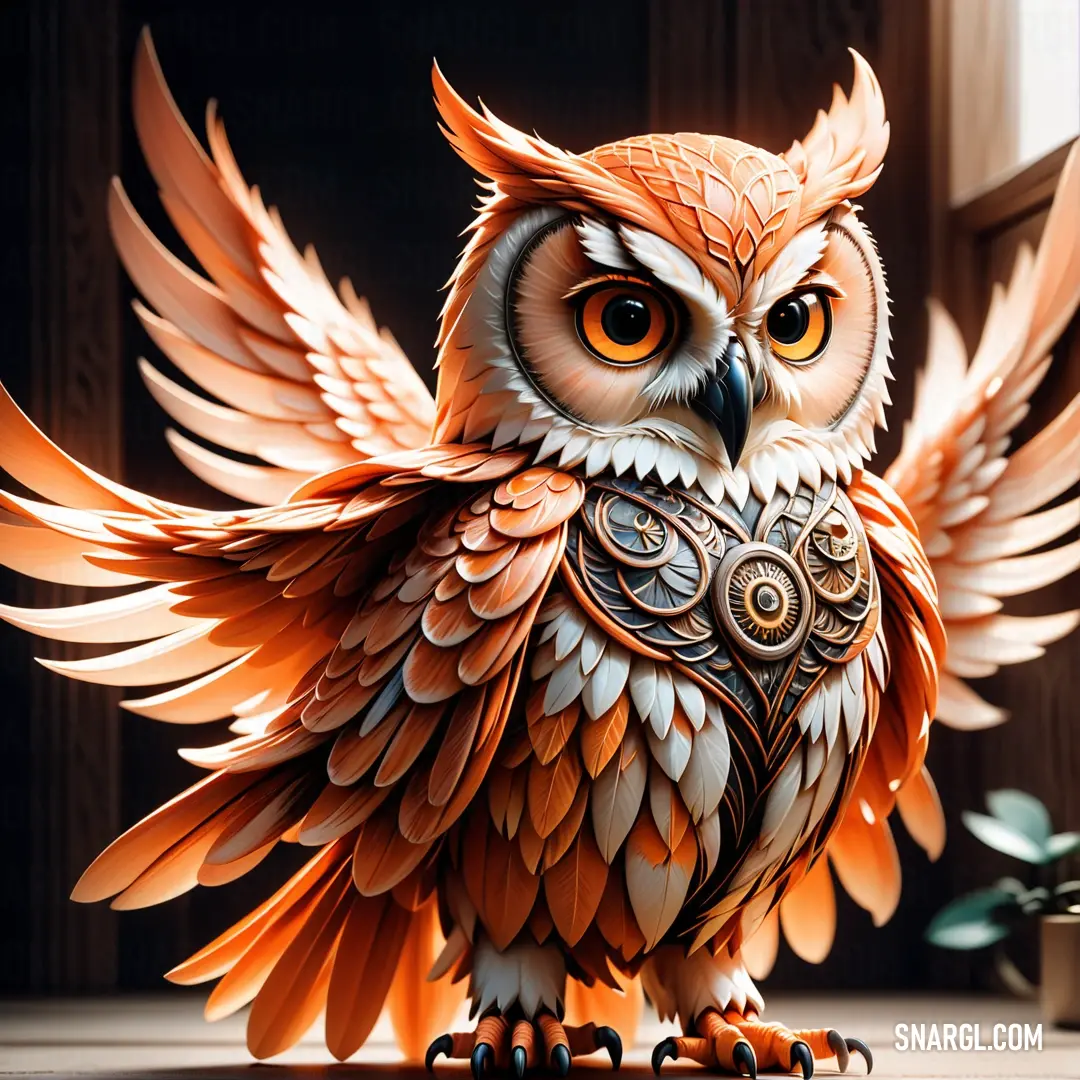 Painting of an owl with orange eyes and wings. Color PANTONE 2034.