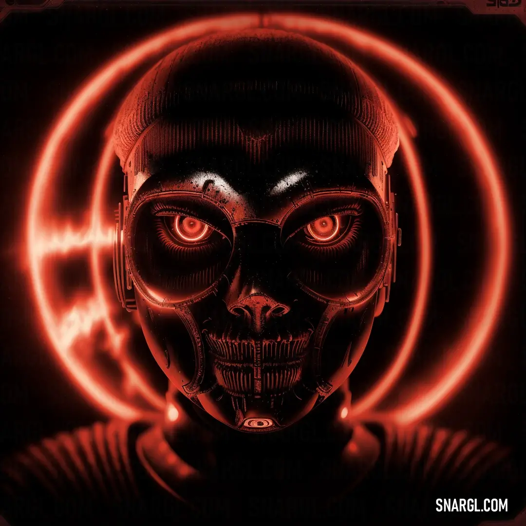 Red glowing alien with a skull face and glowing eyes in a dark background with circles around it and a circular light
