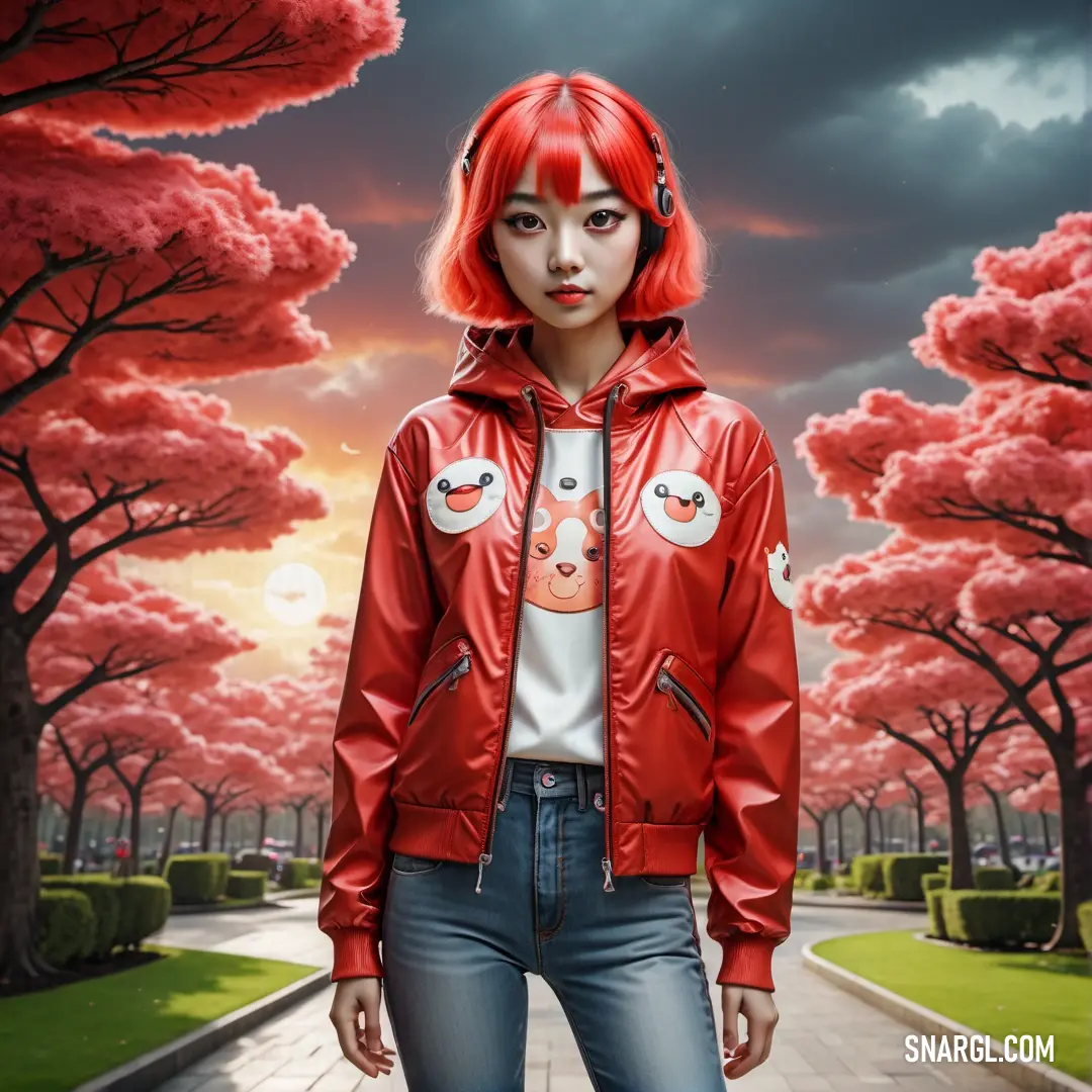 Woman with red hair wearing a red jacket and jeans standing in front of a park with trees with pink flowers. Color #DA472F.