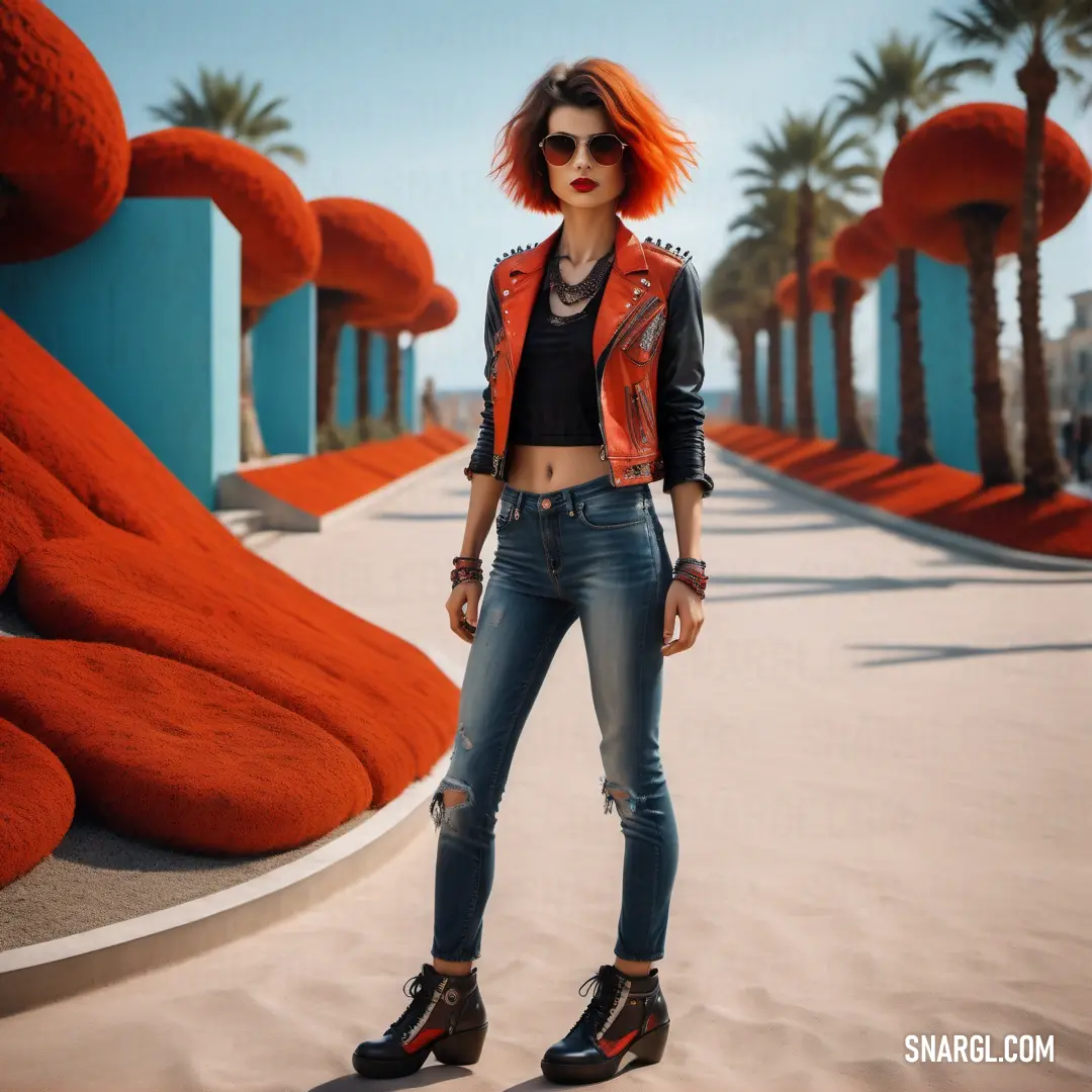 Woman with red hair and sunglasses standing in front of a sculpture of a woman with red hair and sunglasses. Color PANTONE 2034.