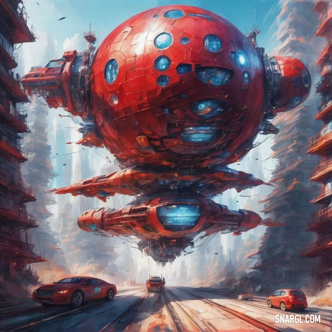 Futuristic city with a red car and a red car driving down the street in front of it