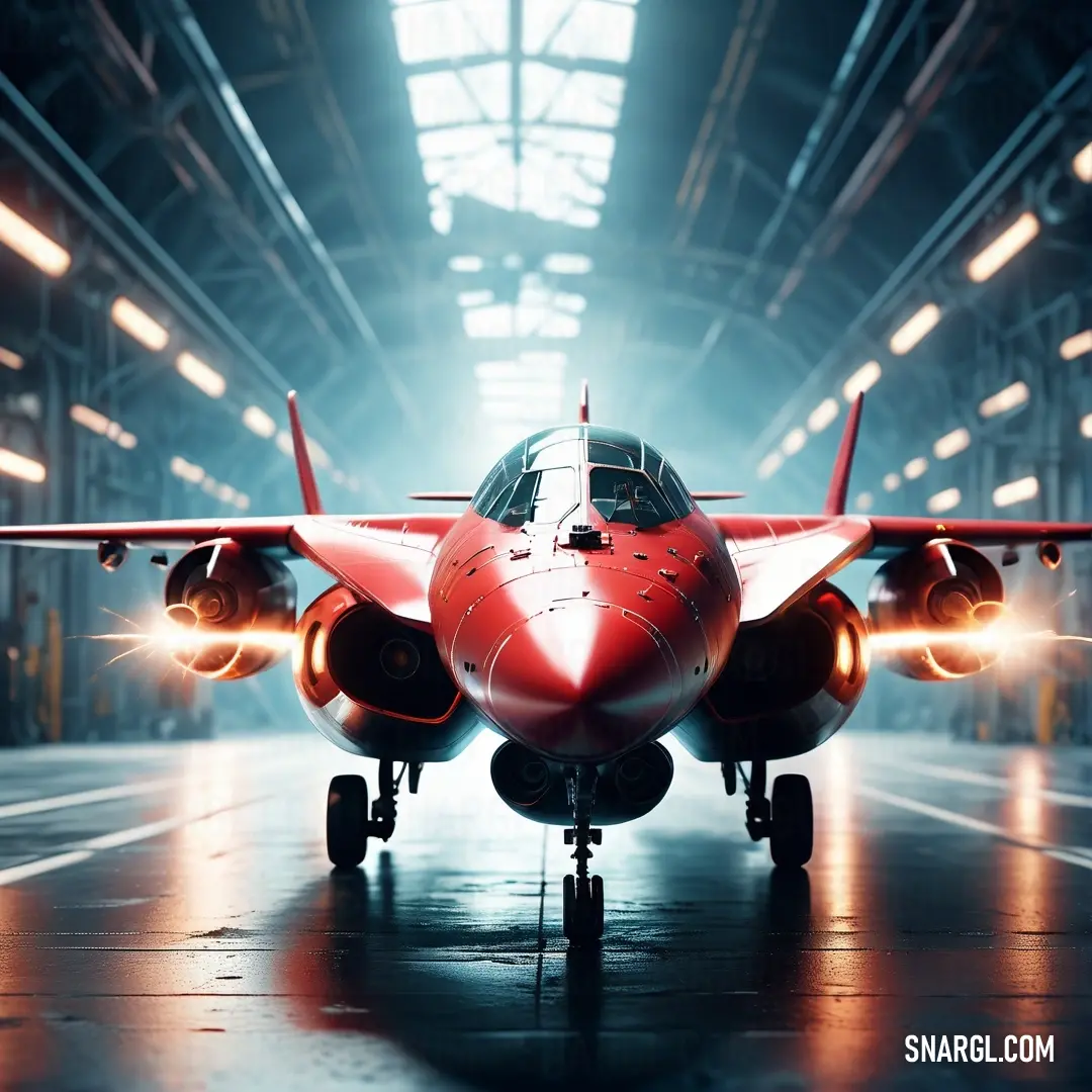 Red jet plane in a hangar with lights on it's sides and a jet engine on the ground. Example of #D12E28 color.