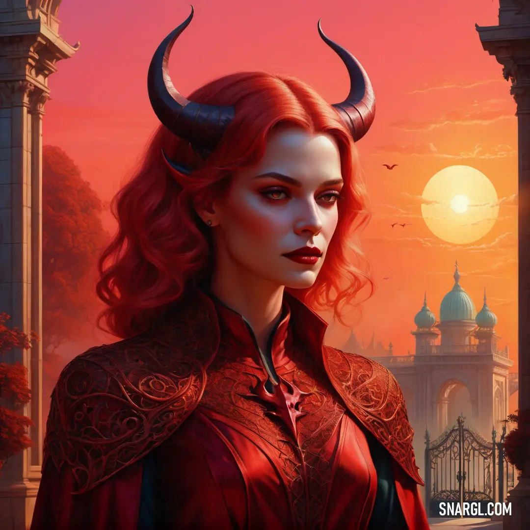 Woman with horns and a red dress is standing in front of a castle at sunset with a bird flying overhead. Color RGB 209,46,40.