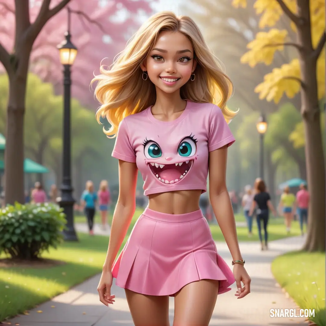 PANTONE 2038 color. Cartoon girl with a pink shirt and skirt walking down a sidewalk with a pink cat face on it