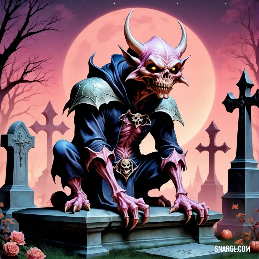 Creepy looking demon on a grave in front of a cemetery with a full moon in the background. Example of PANTONE 2038 color.