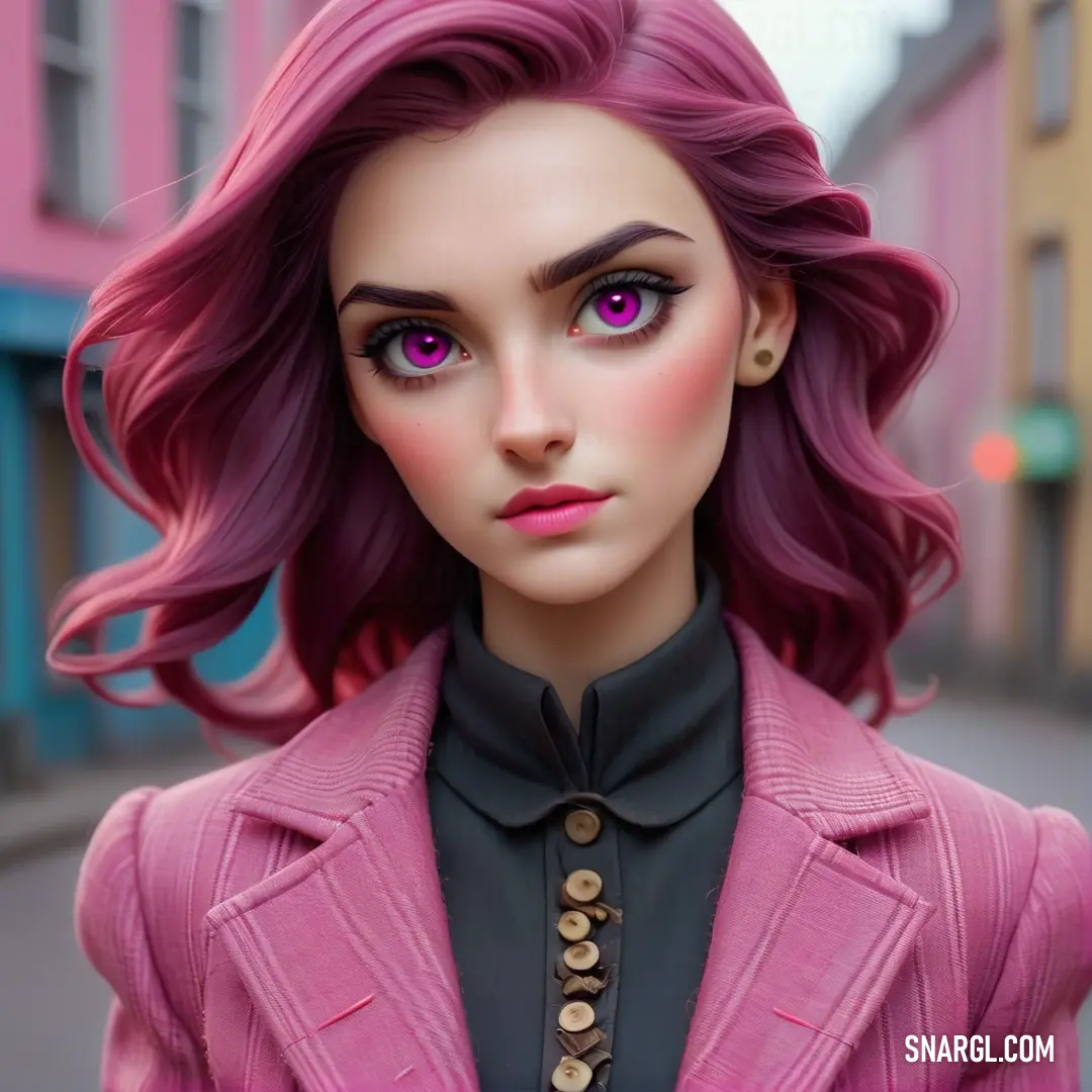 PANTONE 2038 color. Doll with pink hair and a black shirt and a pink jacket on a street corner with buildings in the background