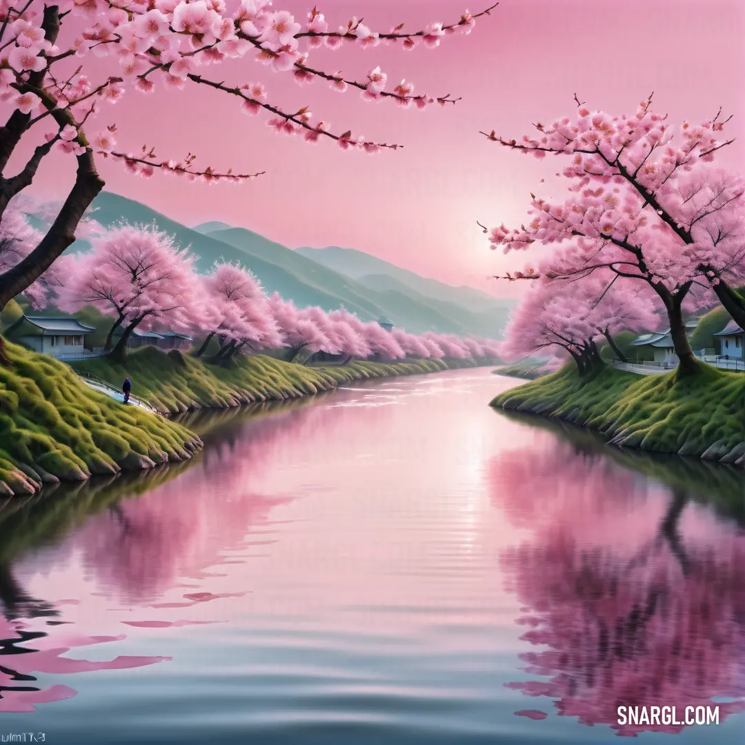 Painting of a river with cherry blossoms on it and a pink sky above it and a pink sky above. Color CMYK 0,68,0,0.