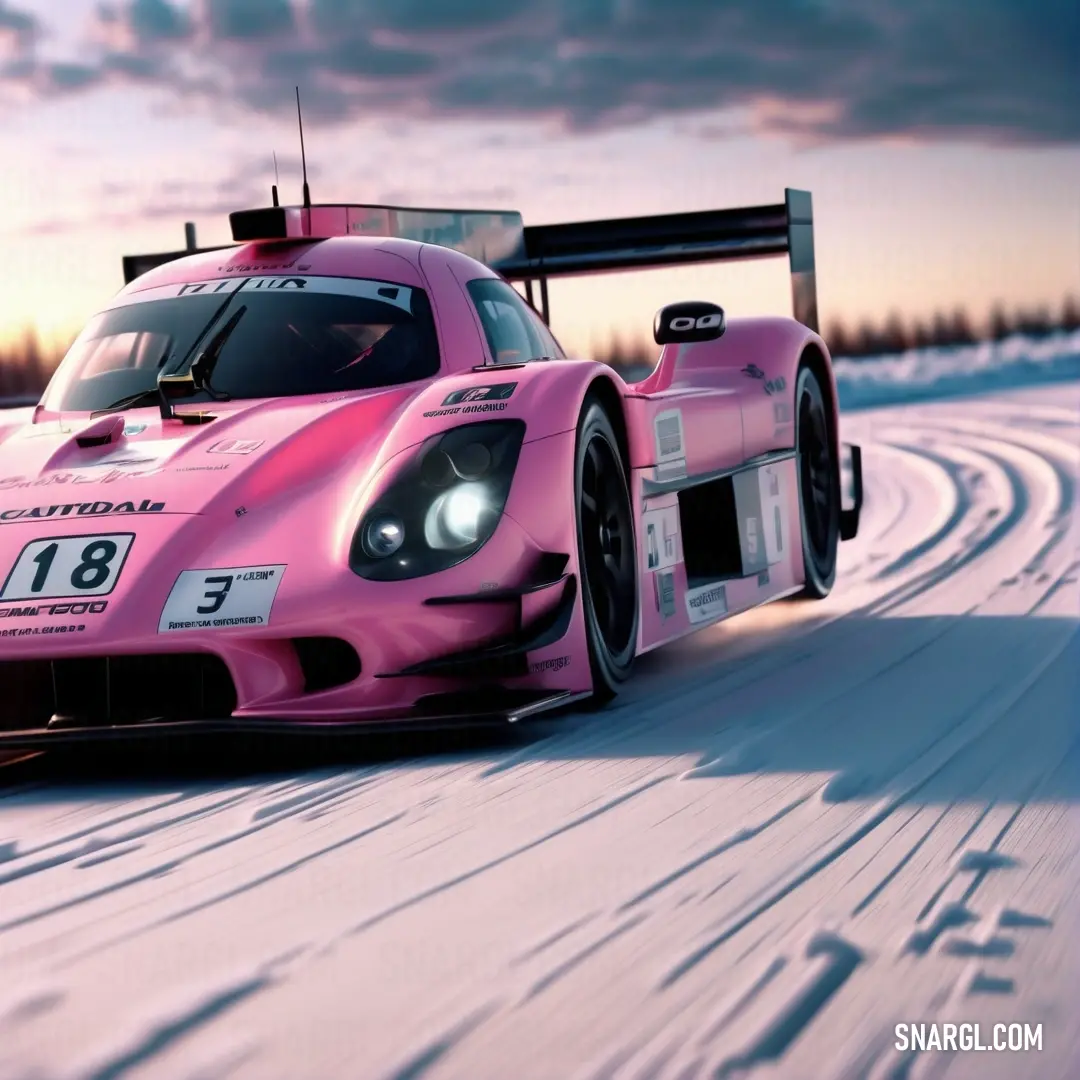Pink race car driving on a snowy road at sunset or dawn with a sky background. Color #DF78A8.