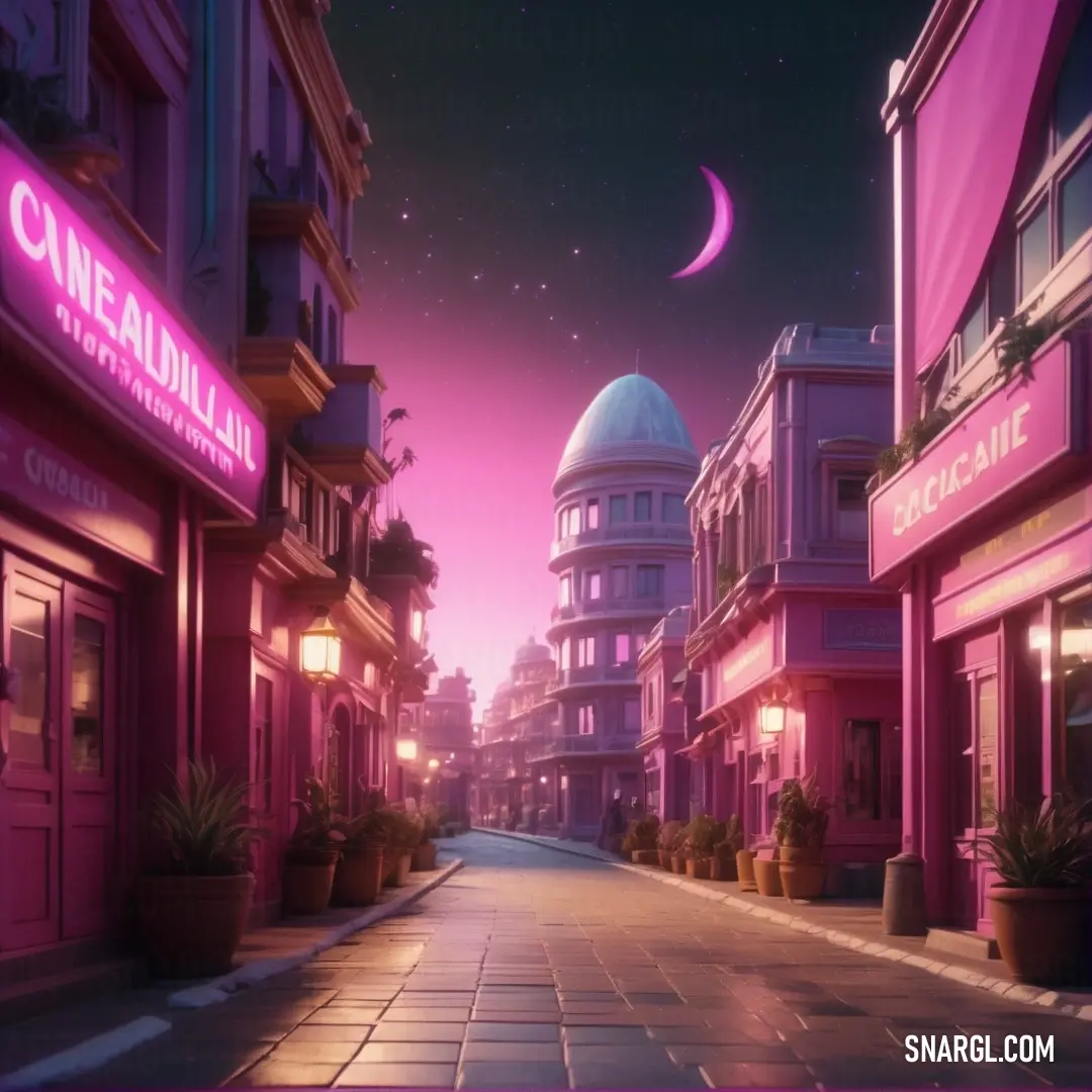 Street with a pink sky and a crescent moon in the background. Color PANTONE 2038.