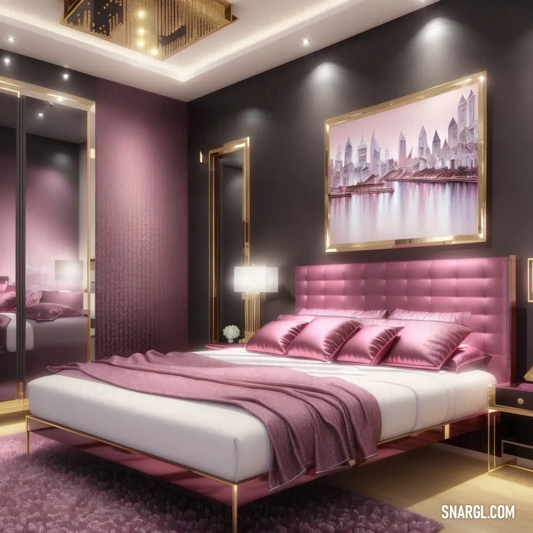 Bedroom with a pink bed and a purple rug on the floor and a painting on the wall above it