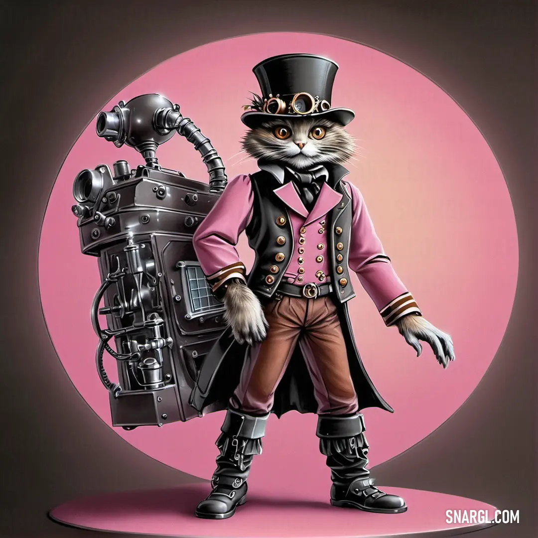 Cat dressed in a top hat and a suit with a camera on it's back and a pink background