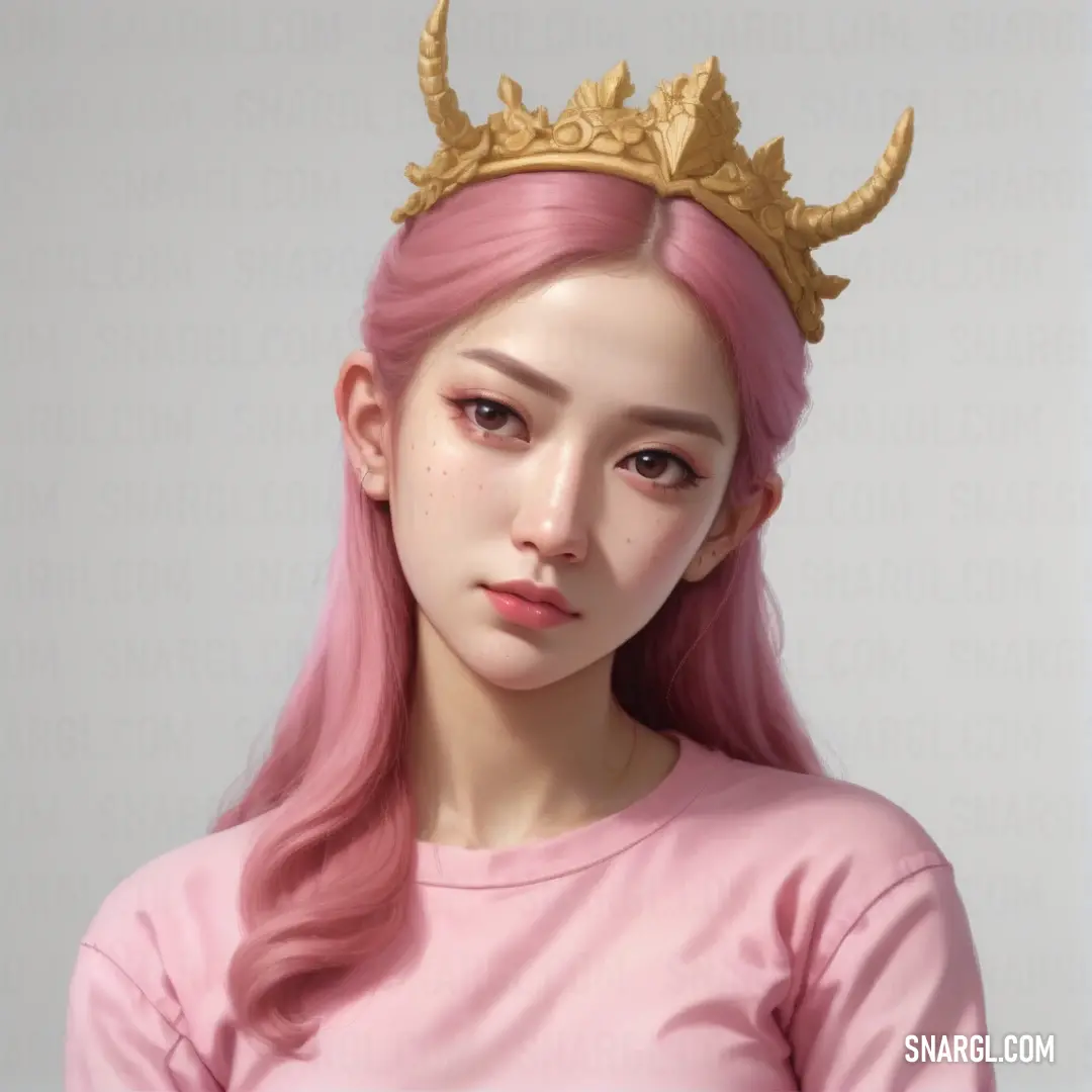 Girl with pink hair wearing a gold crown on her head and a pink shirt