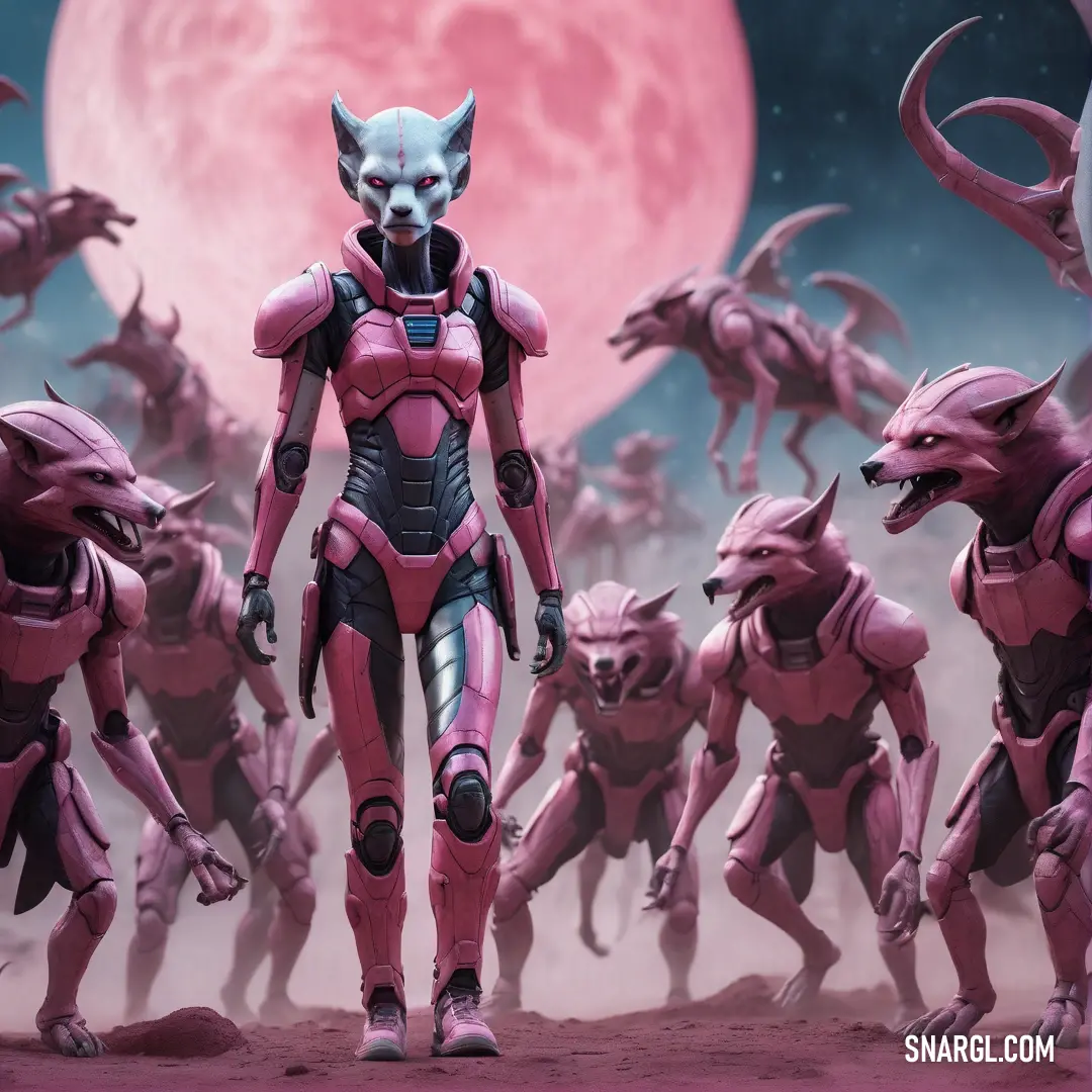 Group of alien like creatures in front of a full moon with a red background and a pink sky