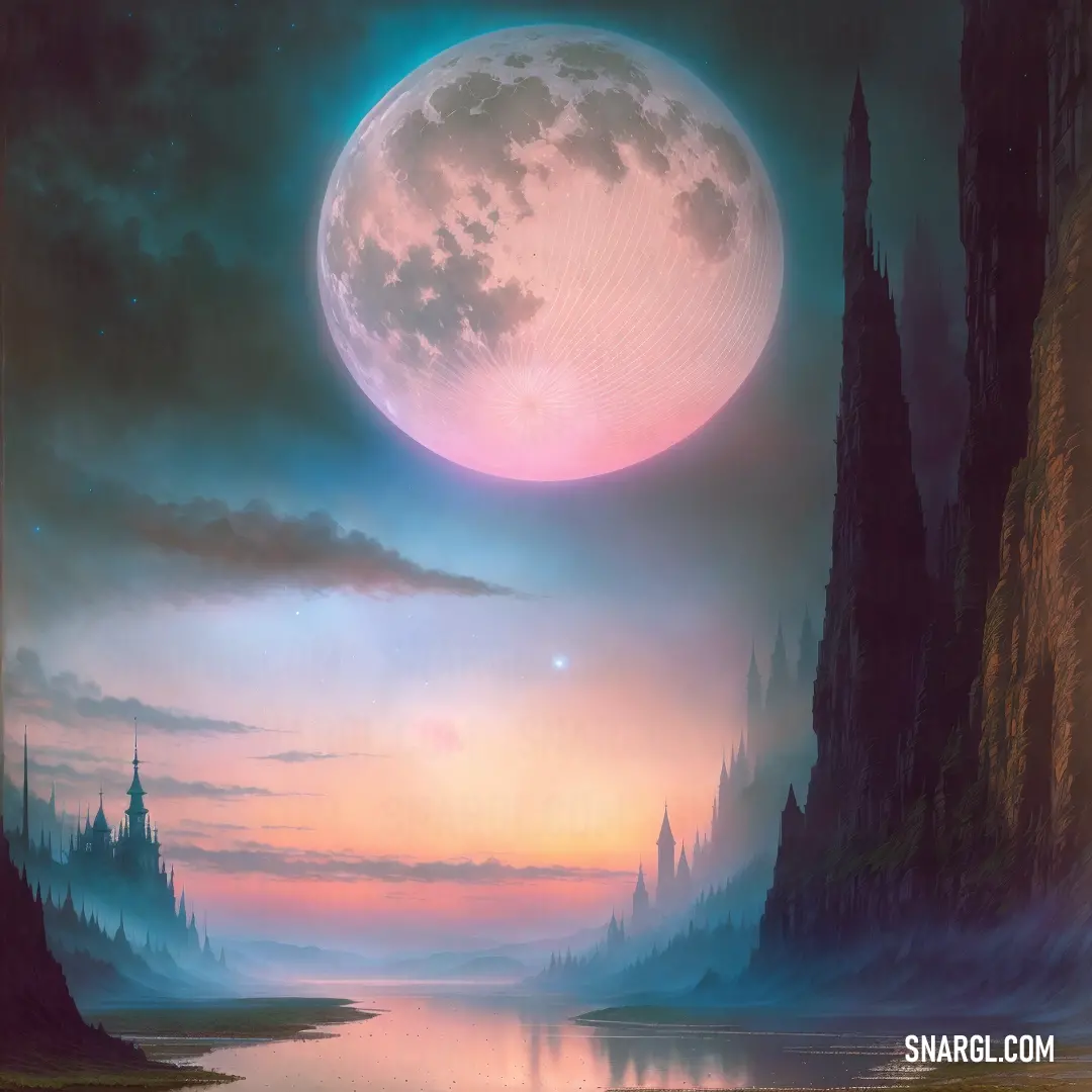 Painting of a full moon over a lake and mountains with a castle in the background