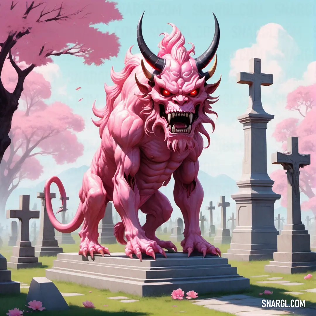 Pink demon statue in a cemetery with a cross in the background and a cemetery with graves and trees