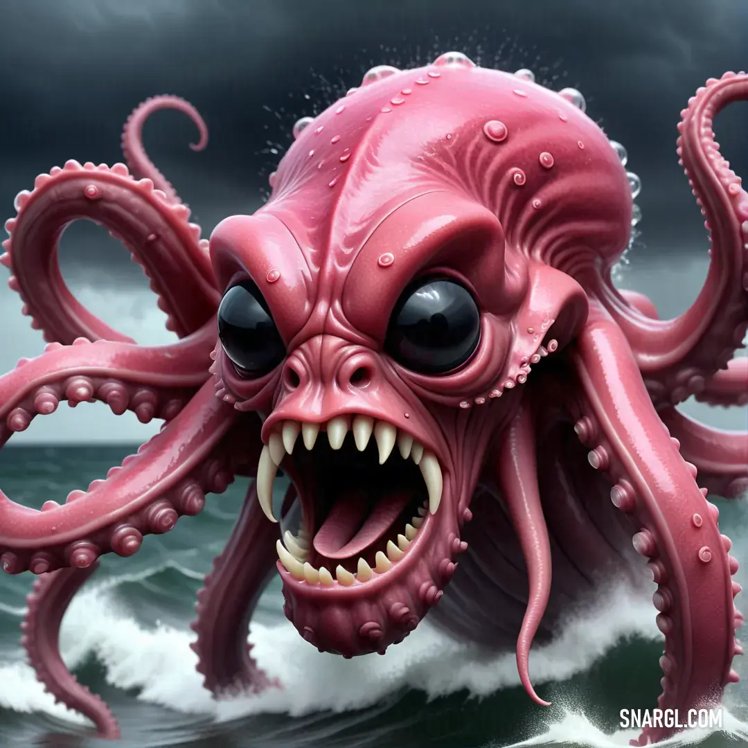 Pink octopus with a big mouth and big teeth on the water with a dark sky in the background