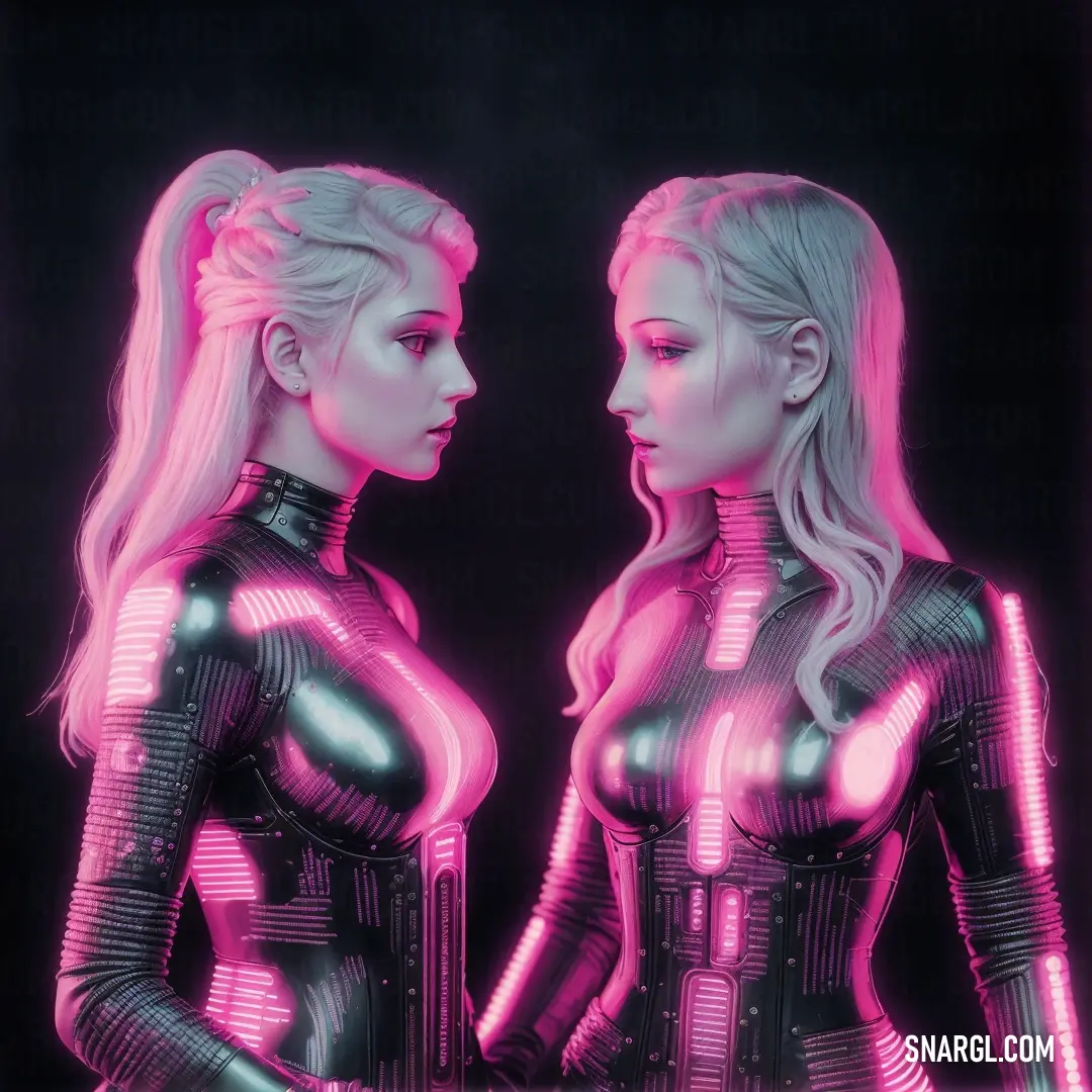 Two women in futuristic outfits with neon lights on their bodies and hands behind them