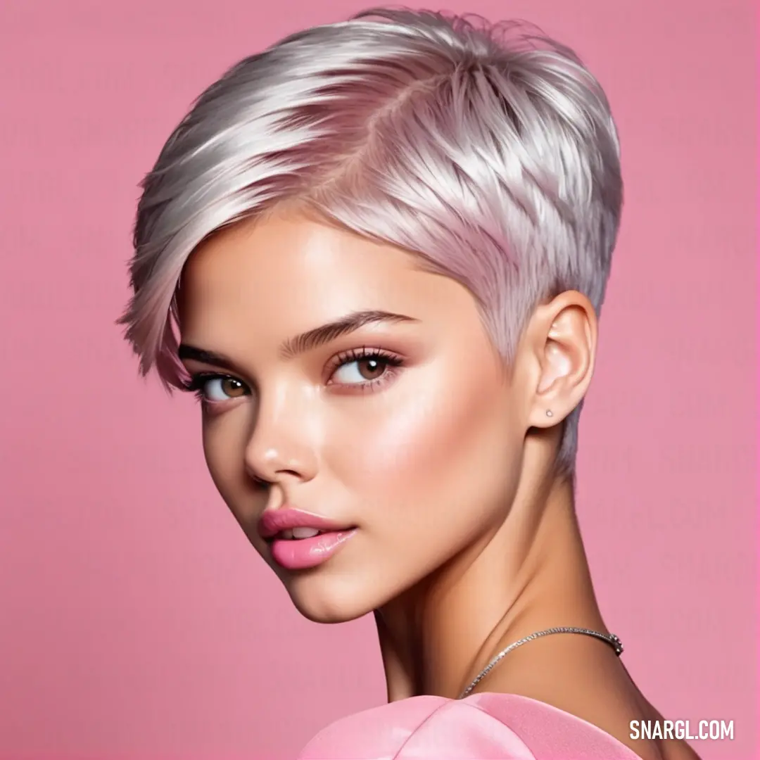 Woman with a short white haircut and pink makeup is posing for a picture in a pink background
