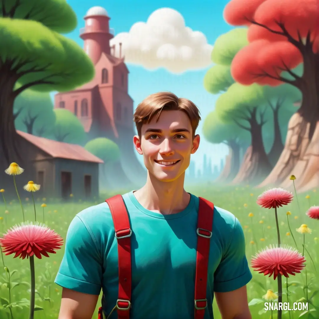 PANTONE 2040 color. Man with a backpack standing in a field of flowers with a house in the background and a red tree