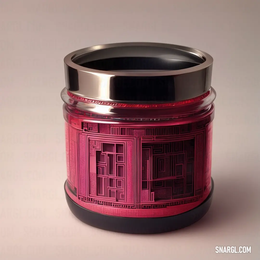 Red jar with a black lid on a white surface with a black lid and a silver lid on the top. Example of CMYK 0,96,43,0 color.