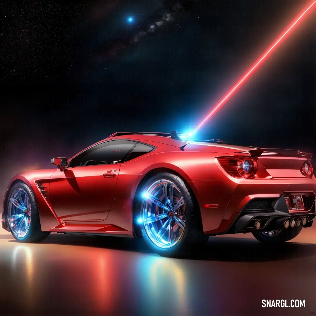 Red sports car with a laser light on its hood and wheels is shown in front of a dark background. Example of #D82F4F color.