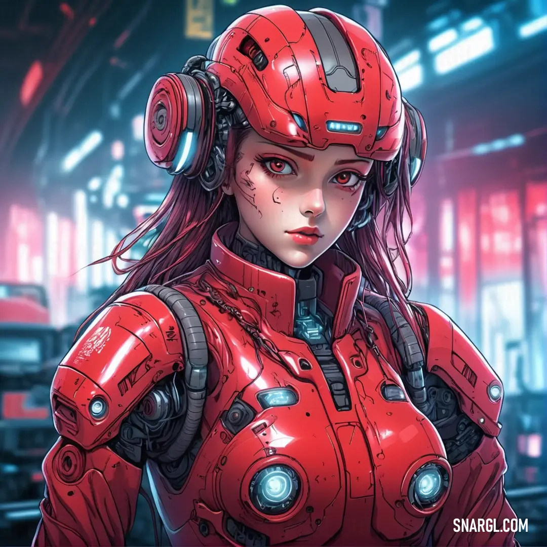 Woman in a red suit with headphones on her head and a red helmet on her head. Example of PANTONE 2040 color.