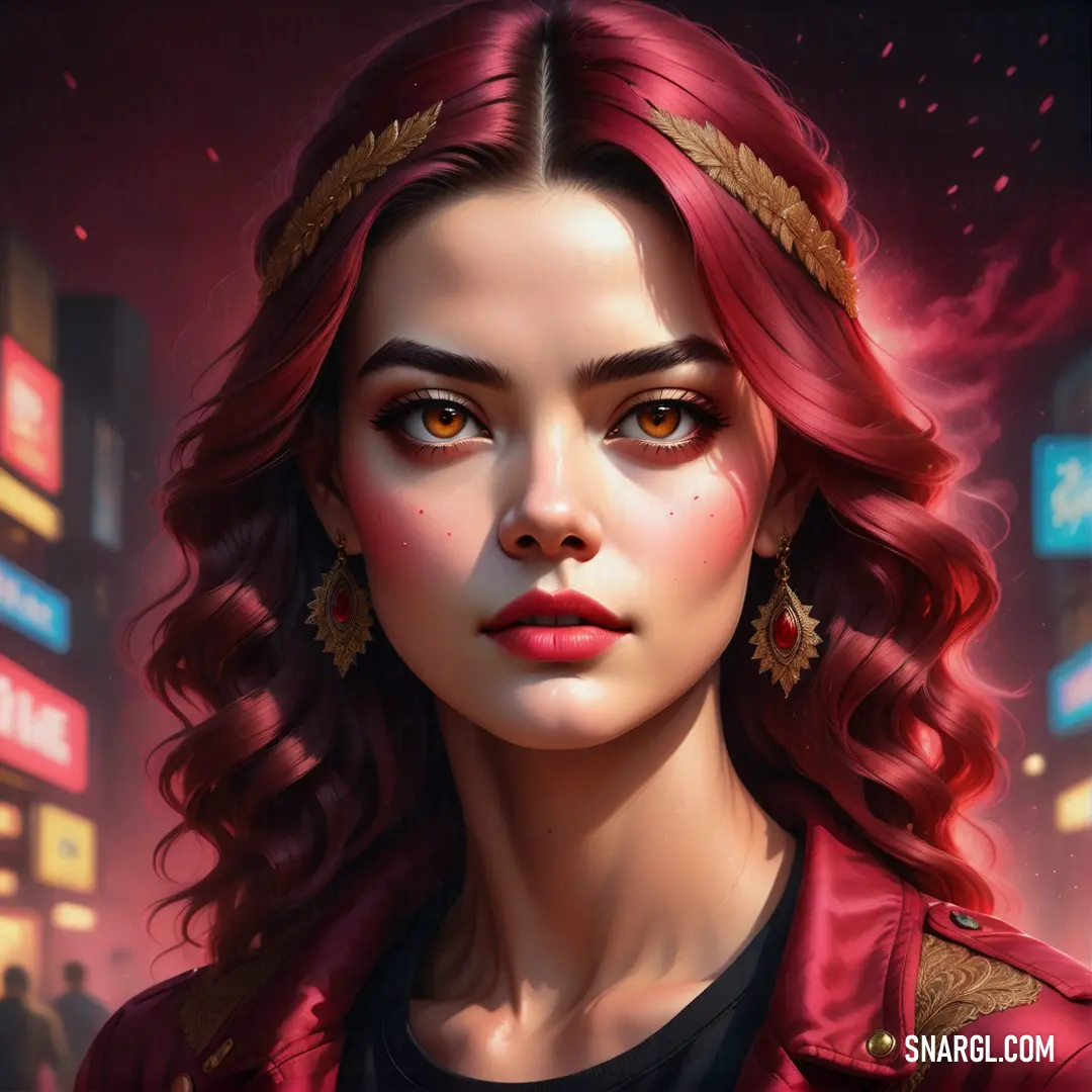 Painting of a woman with red hair and gold jewelry on her head and a cityscape in the background. Example of #972941 color.