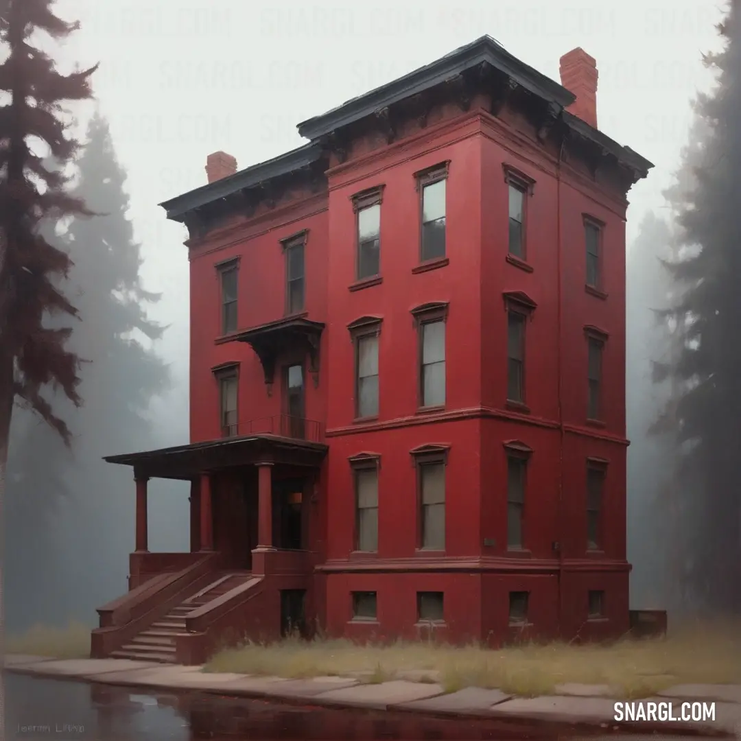 Red building with a few windows and a staircase leading to it on a foggy day in the woods. Color PANTONE 2041.