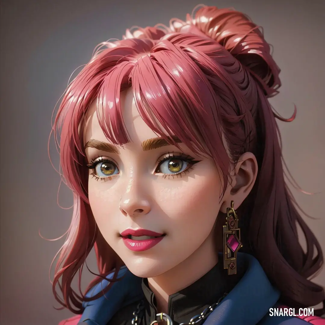 Digital painting of a woman with pink hair and a blue shirt and a necklace with a cross on it. Example of RGB 111,54,57 color.