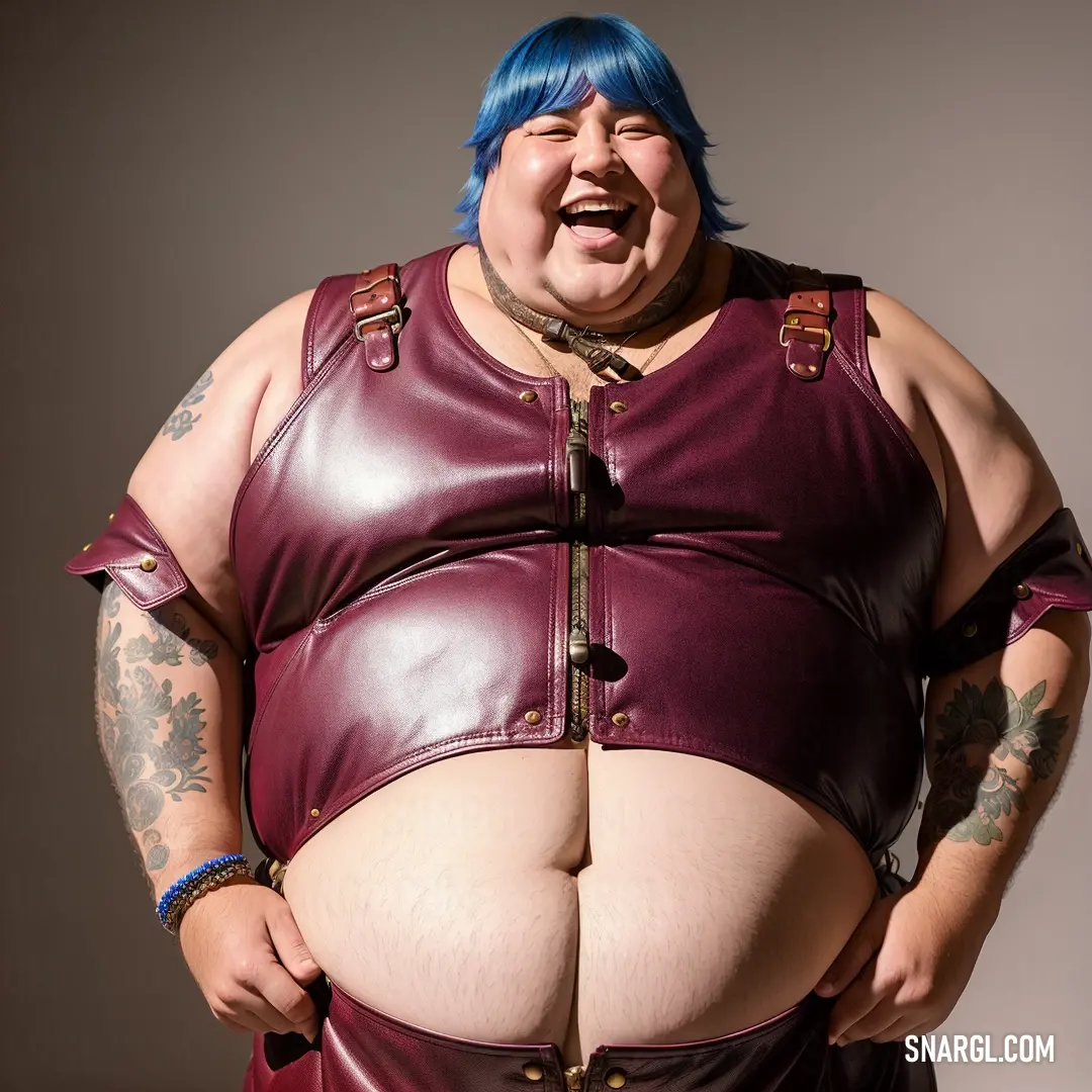Fat woman in a leather outfit with a big belly and blue hair is posing for a picture