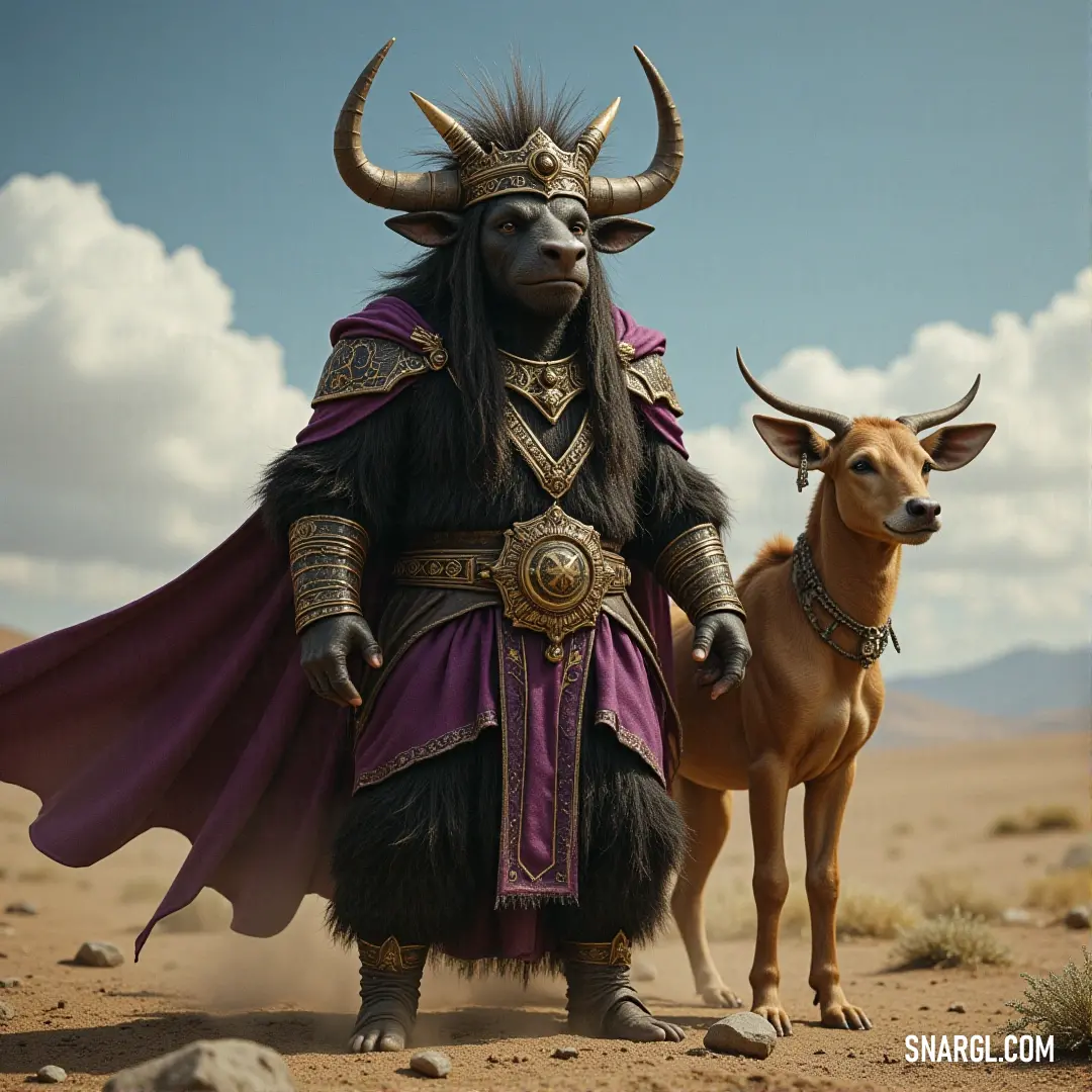 A man dressed in an elaborate horned costume stands alongside a cow in the vast desert, the bright sky above casting a surreal light on the scene, blending elements of tradition and whimsy.